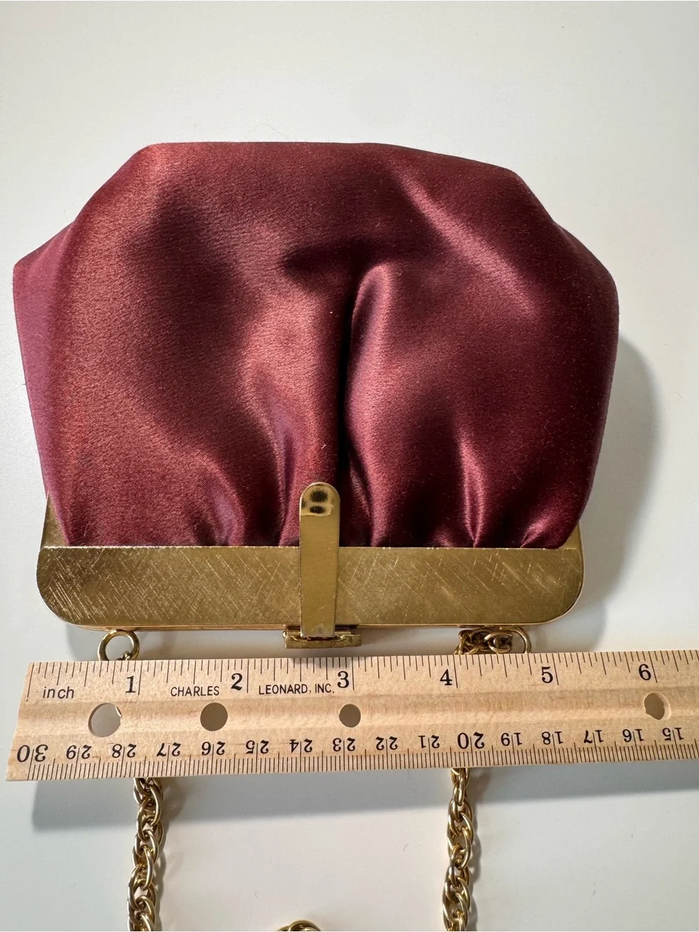Vintage Retro Burgundy Brown Satin Evening Clutch Bag Gold Chain & lift clasp